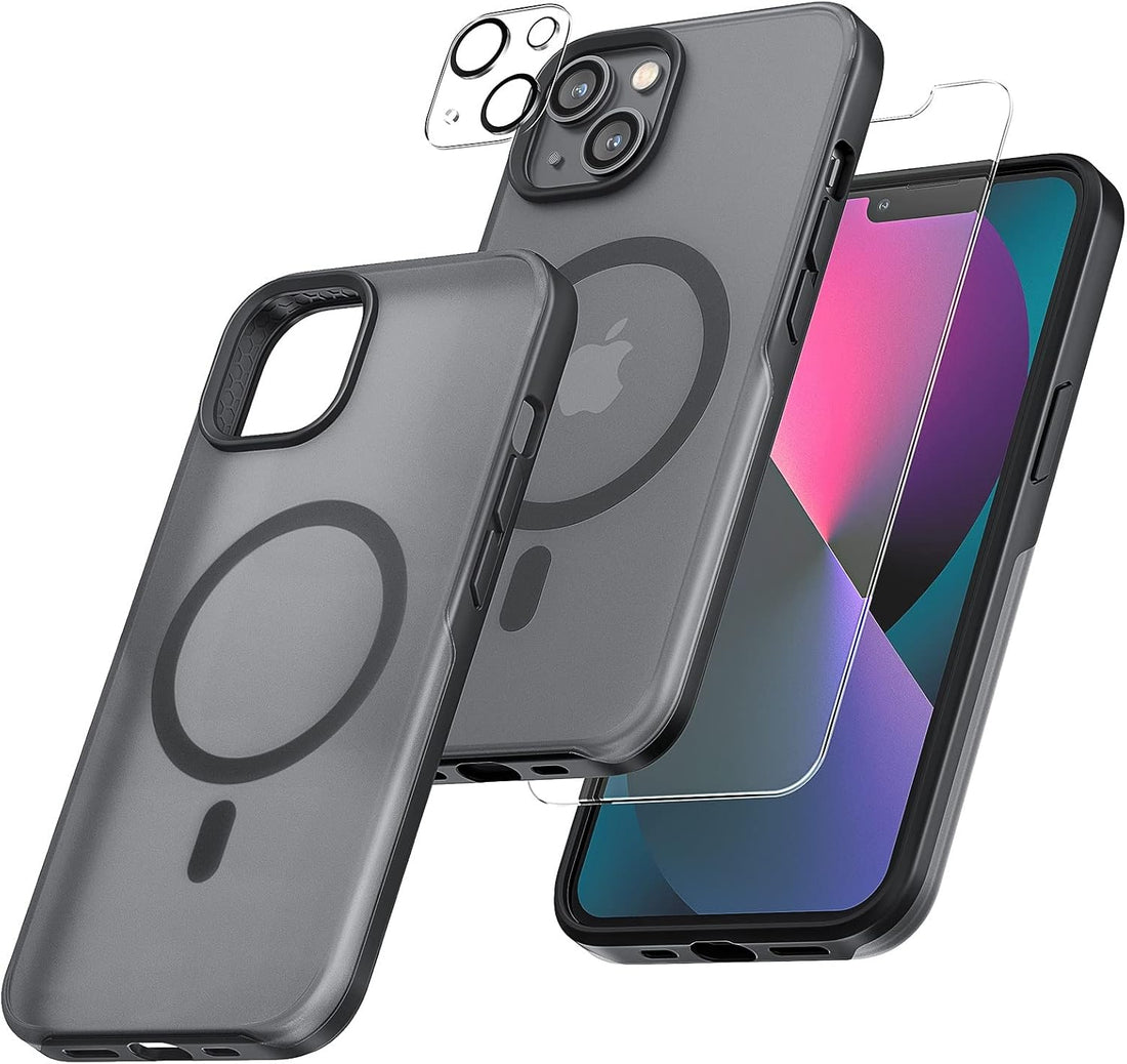 TAURI [5 in 1 Magnetic Case for iPhone 13 [Military Grade Drop Protection] with 2X Tempered Screen Protector +2X Camera Lens Protector, Translucent Matte Slim Fit iPhone 13 Mag-Safe Case 6.1”-Black