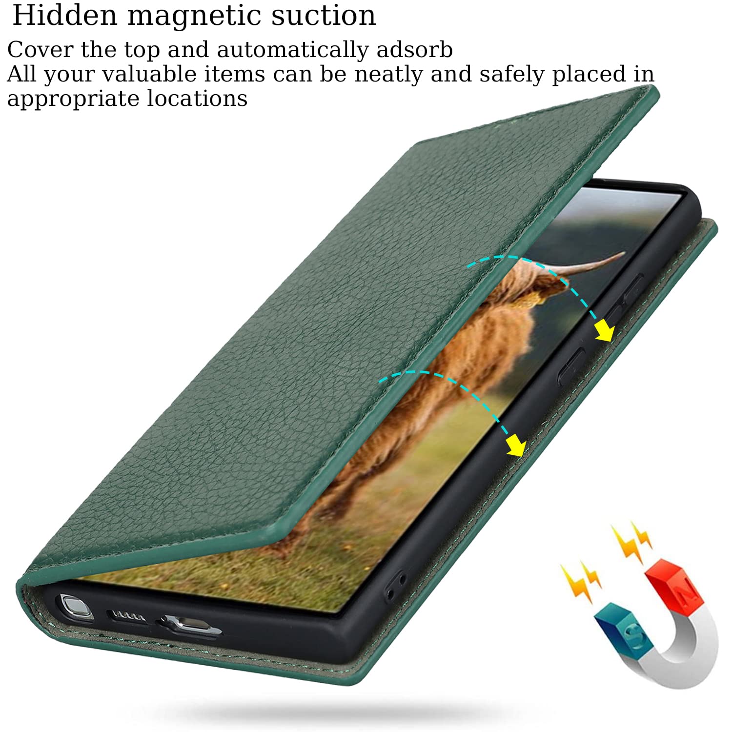 Ｈａｖａｙａ for Samsung Galaxy S23 Ultra Case Wallet Genuine Leather,for Samsung Galaxy S23 Ultra Wallet Case with Card Holder for Women,flip Phone case with Credit Slots-Dark Green