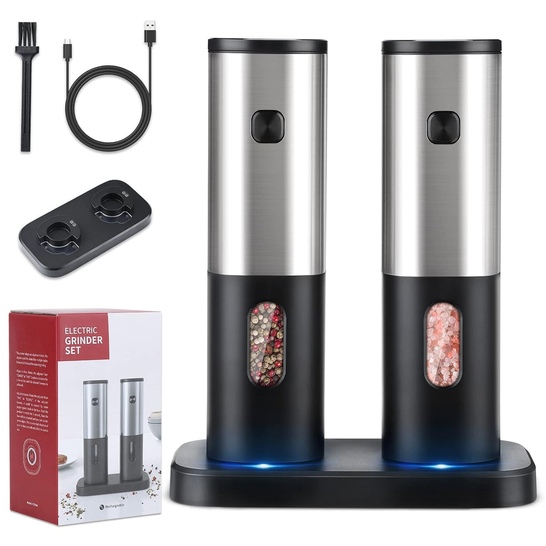 Electric Salt and Pepper Grinder Set, HOMCYTOP Automatic Salt & Pepper Mill Refillable with Rechargeable Base, USB Cables, Blue LED Light, One Hand Operation, 2 Adjustable Coarseness Mills