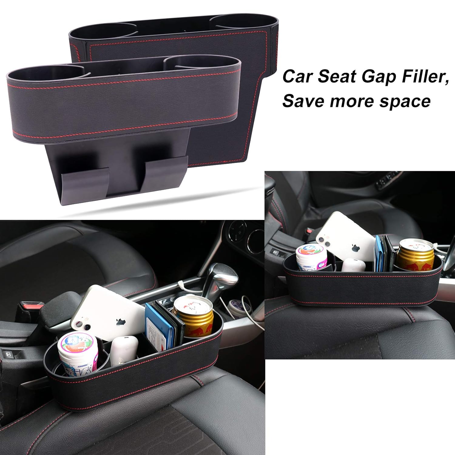 Car Seat Organizer Cup Drink Holders,Multifunctional Gap Filler Storage Box,Insert Organization Helps Reduce Distracted Driving&Holds phone Mount Mug Bottle Cellphones Coasters Wallet Cards (Black)