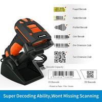 Alacrity 2D Industrial Wireless Barcode Scanner with Charging Stand, Bluetooth Drop Resistant, 1968 Feet Transmission Distance 433Mhz QR 1D Bar Code Reader