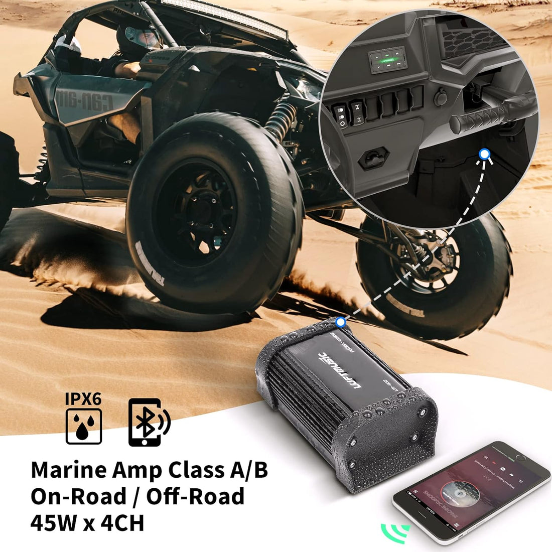 Marine Bluetooth Amplifier Marine Amp Full Range, Class A/B, Wireless Remote Controller, Aux-in, USB-in for Bikes, Motorcycle, Golf Cart, ATV, RZR, Tractor, Hot Tub