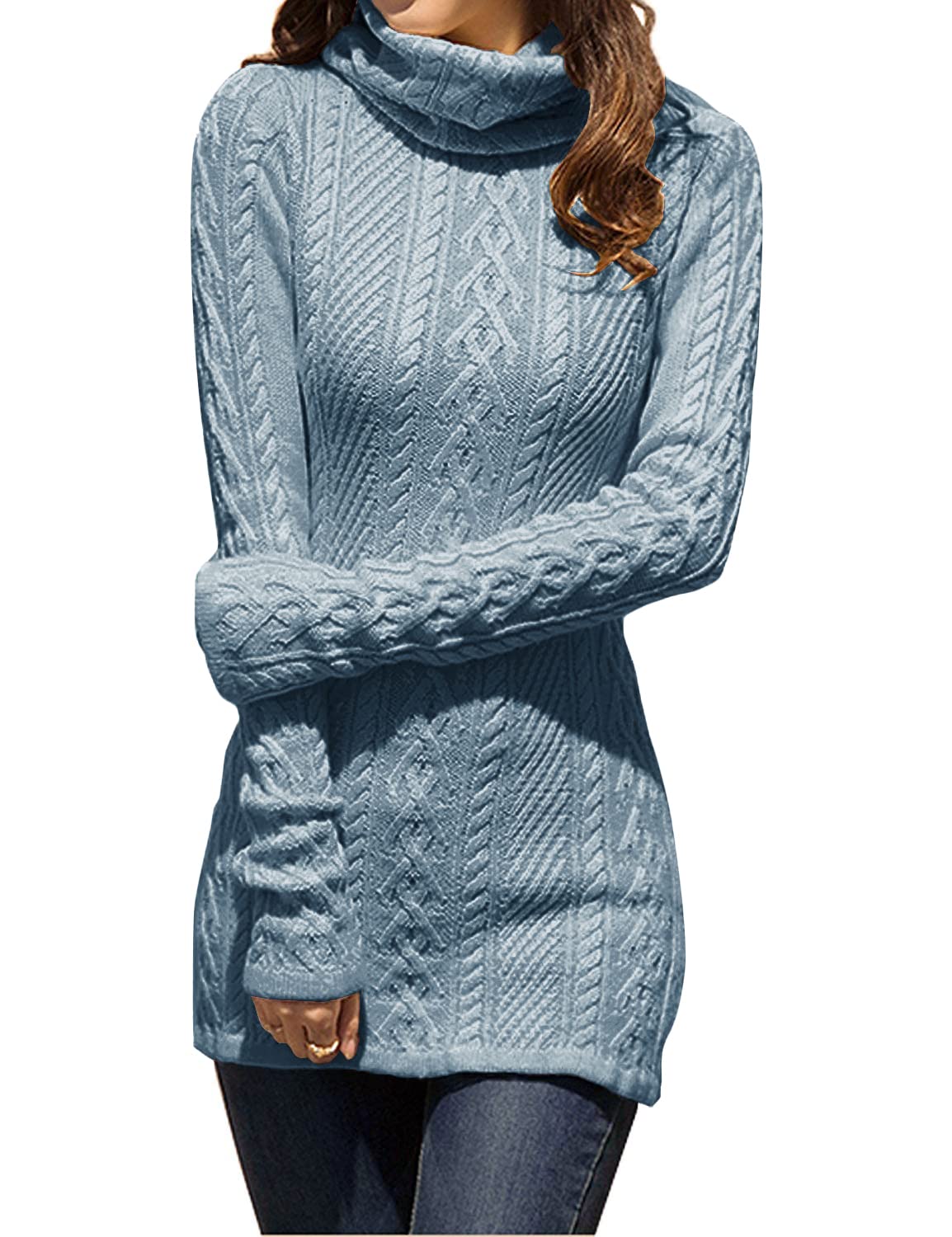 v28 Women Polo Neck Knit Stretchable Elasticity Long Slim Sweater (US Size 12-16, Baby Blue)