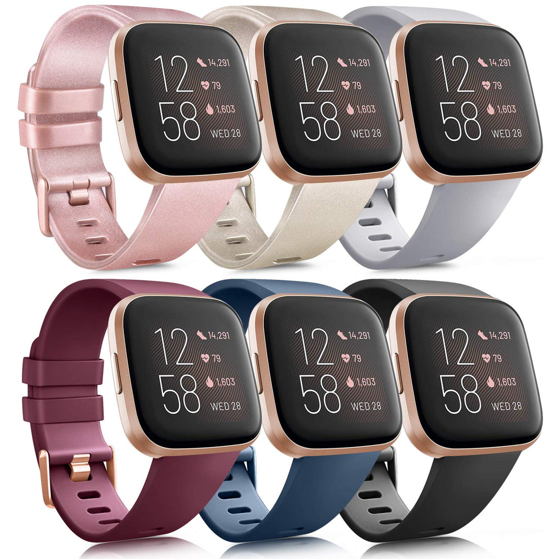 6 Pack Sport Bands Compatible with Fitbit Versa 2 / Fitbit Versa/Versa Lite/Versa SE, Classic Soft Silicone Replacement Wristbands