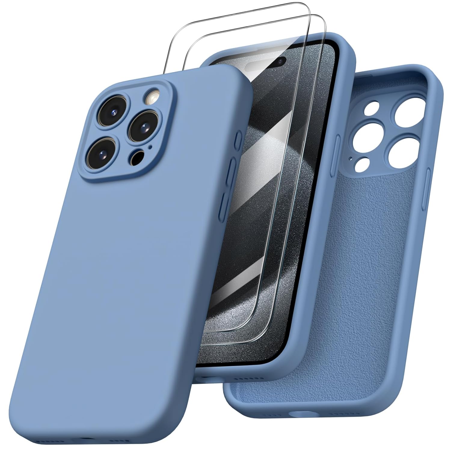 ORNARTO Designed for Case with 2X Screen Protector, [Upgraded Camera Protection] Soft Liquid Silicone Gel Rubber Cover, Full Body Shockproof Phone Case 6.7"-French Blue