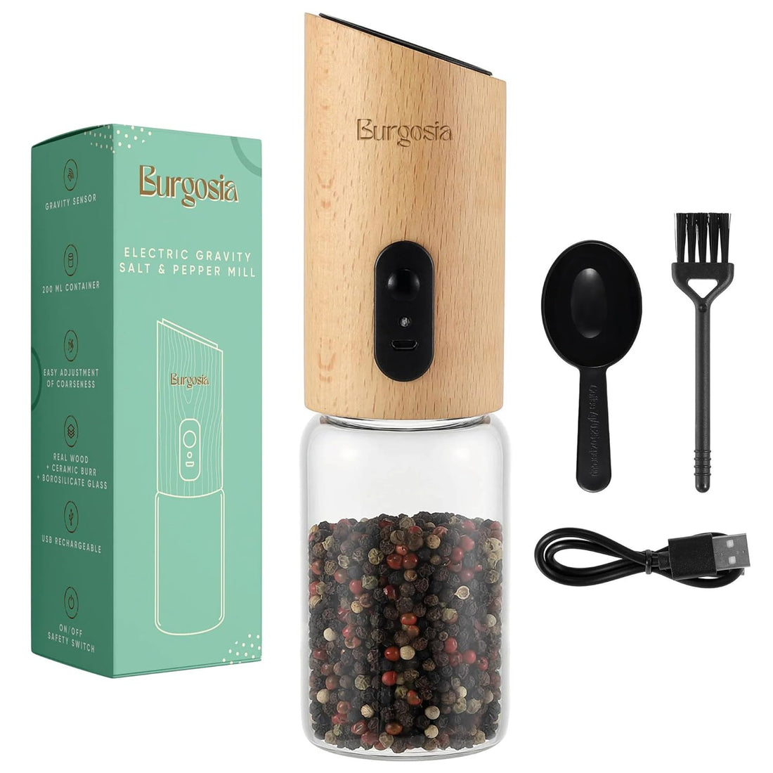 Burgosia Gravity Pepper and Salt Grinder, Electric Refillable Mill, USB Rechargeable, Adjustable Coarseness, One Hand Automatic Operation, Real wood,1 pack (Natural Beech)