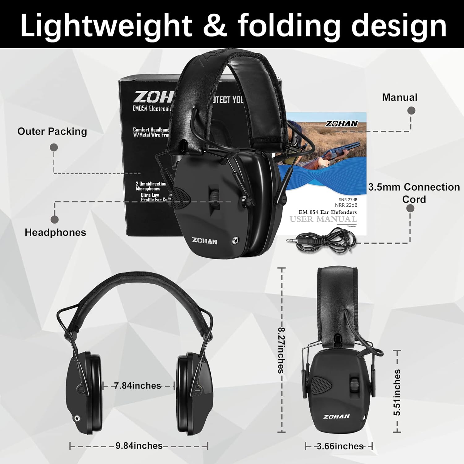 ZOHAN EM054 Electronic Ear Protection for Shooting Range with Sound Amplification Noise Reduction, Ear Muffs for Gun Range (Black-GJ)