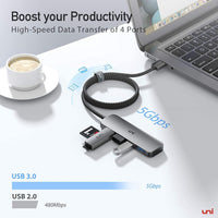 USB Hub 4-Port, uni USB 3.0 Data Hub Adapter with 4 ft Extended Cable, [Aluminum