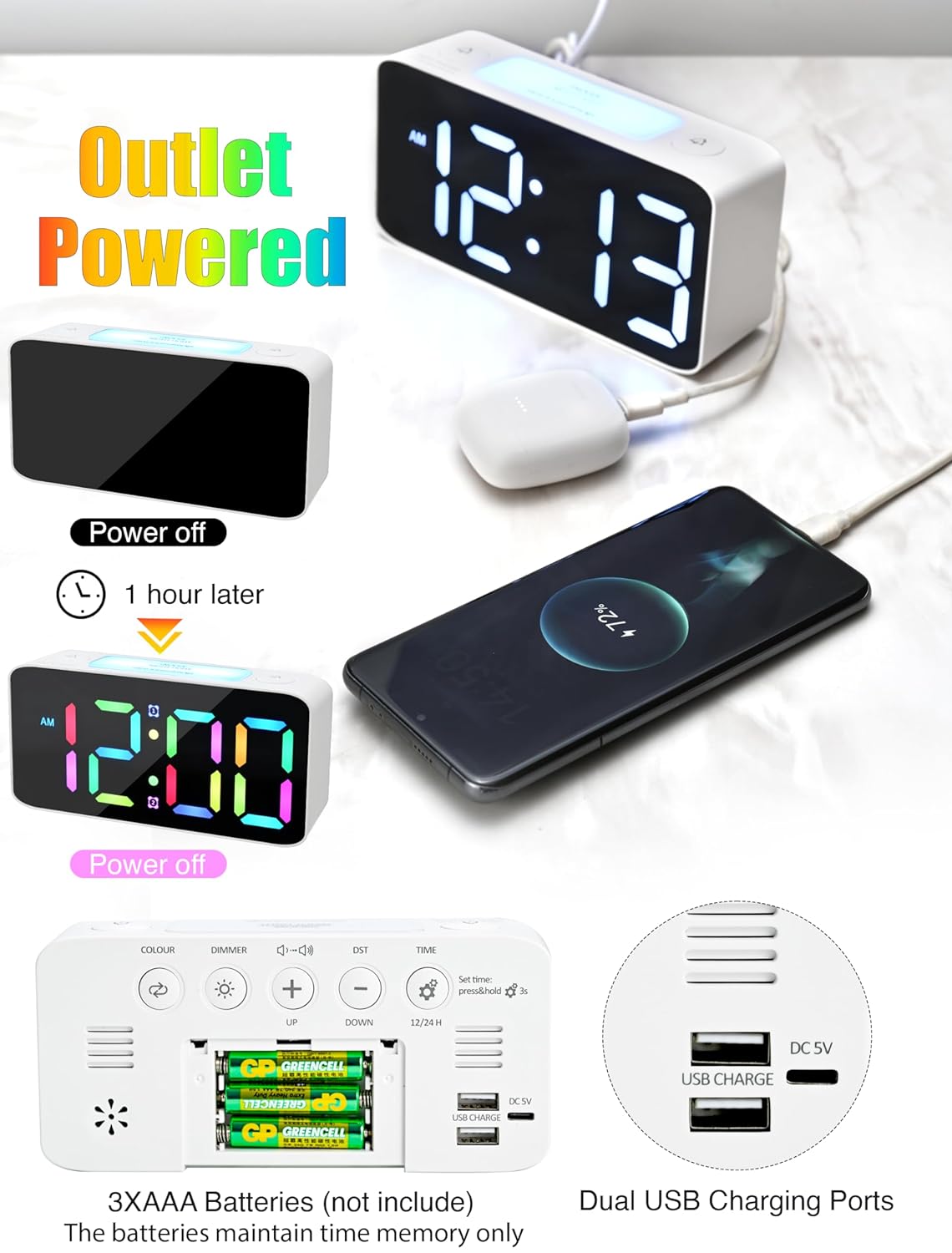 AYRELY Digital Alarm Clock for Bedroom - Dual Loud Alarms, Large Night Light with 7 Colors,Adjustable Volume,Dimmer,Desk Clock with USB Charger, Ok to Wake Up for Kids,Teens