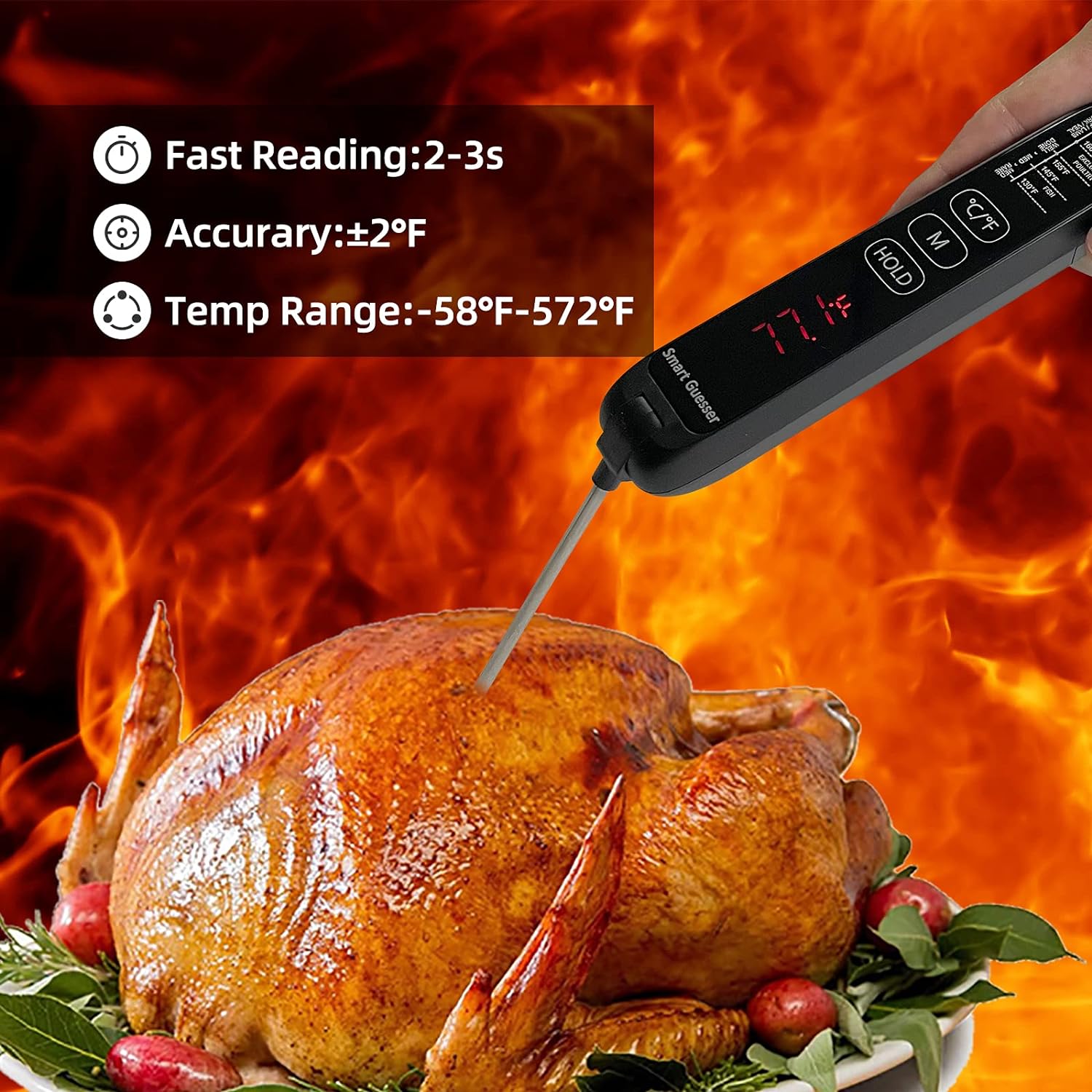 Smart Guesser Dual Probe Digital Meat Thermometer with Backlight for Kitchen Cooking, Water Proof -Extend Probe for Oven-Instant Read Food Thermometer for Meat, Deep Frying, Baking,Grilling BBQ-Black