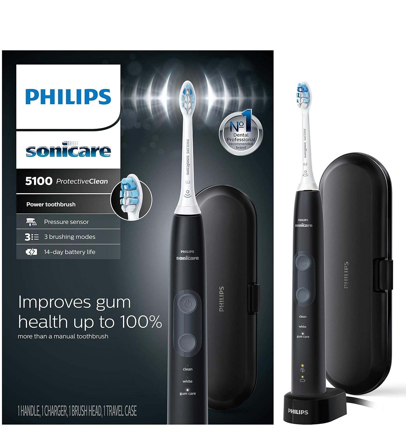 SONICARE Philips Protectiveclean 5100 Gum Health, Rechargeable Electric Toothbrush With Pressure Sensor, Black Hx6850/60, 1 Count - Adult