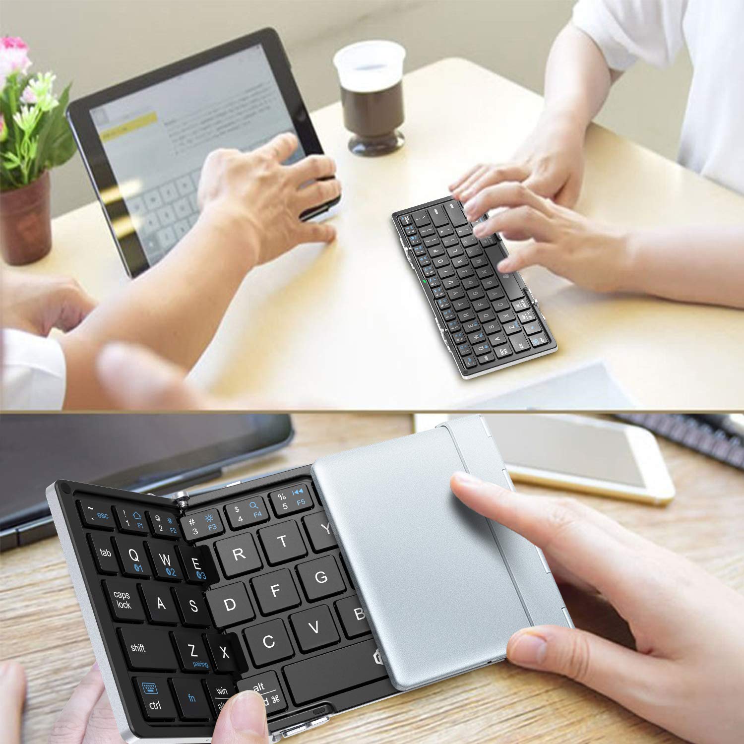 iClever Portable Folding Keyboard, Ultra Slim Pocket Size Bluetooth Keyboard Wireless with Carry Pouch, Aluminum Alloy Housing, Designed for iOS Android Windows Better Typing, Silver (BK03)