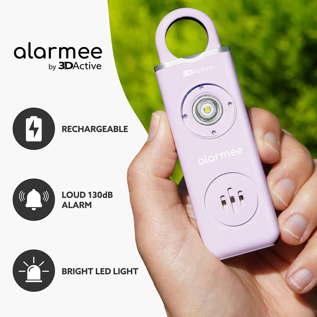 3DActive Alarmee Rechargeable Personal Safety Alarm for Women, Teens and Elderly, Pocket Size 130dB Loud Siren with LED Light (Lavender)
