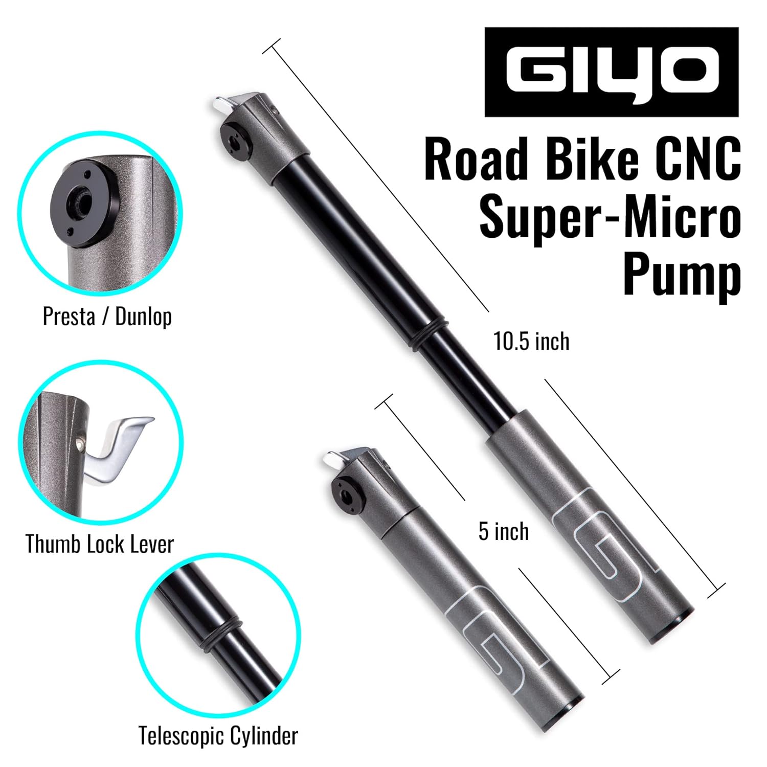 GIYO Super Micro Bike Pump All Metal Smallest Pump Available Telescopic for High Volume Pumping Durable & Stylish Presta Valve Taiwan Made (GM-04LT)