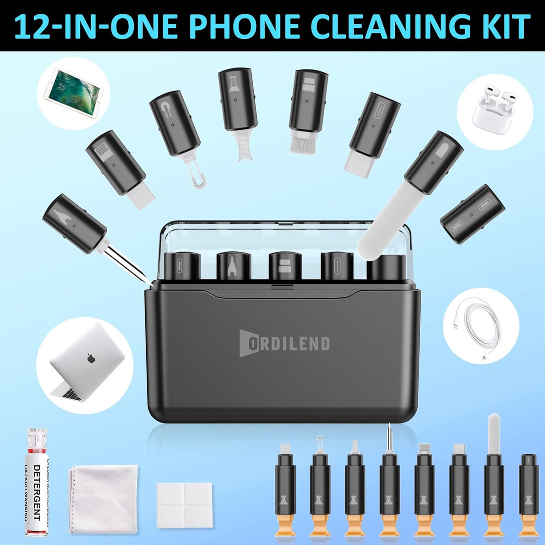 iPhone Cleaning Kit for Charging Port Cleaner, Multi-Tool iPhone Cleaner Repair Lightning Cables, Phone Cleaning Kit for iPhone,iPad,Connectors,Speaker, Airpod Cleaner Kit with a Storage Case(Black)