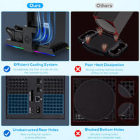 RGB Charging Stand with Cooling Fan for Xbox Series X Console & Controller,Dual Charger Station Cooler System Accessories with 15 RGB Lights,2 x 1400mAh Rechargeable Battery,Headphone stand,Game Discs