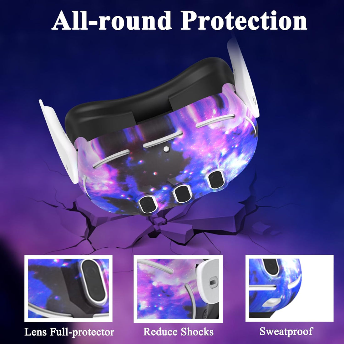 Front Shell Headset Case Silicone Cover Skin Compatible with Oculus/Meta Quest 3 Accessories, VR Headset Shell Protector Shockproof Drop-Proof Heat Dissipation Starry Purple