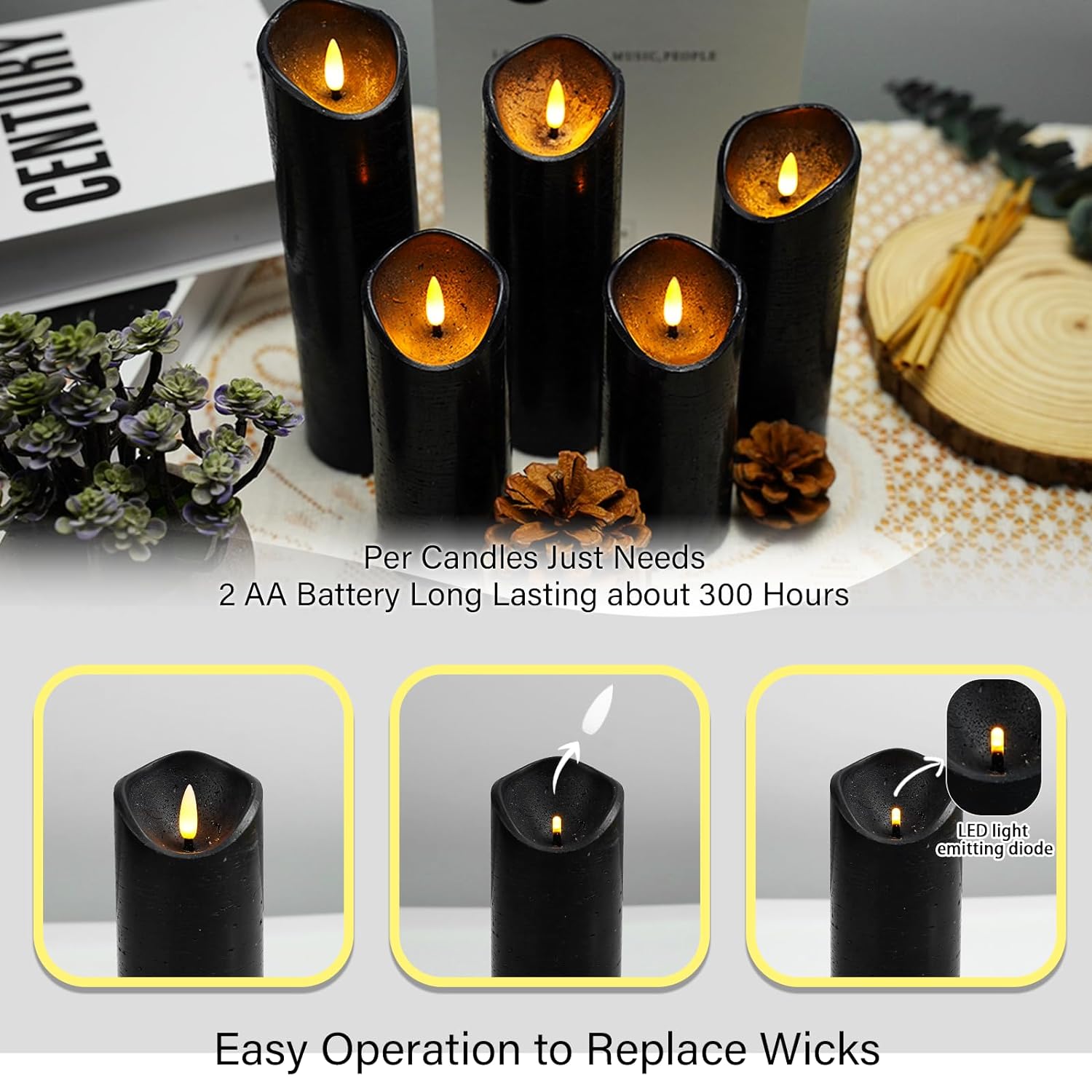 Nimiko Retro Style Flickering Flameless Candles with Remote Set of 5 Real Wax LED Pillar Candles, Battery Operated Candles（D 2.2"×H 5"/5.5"/6"/7"/8"） Perfect for Home Decor, Celebrations（Black）