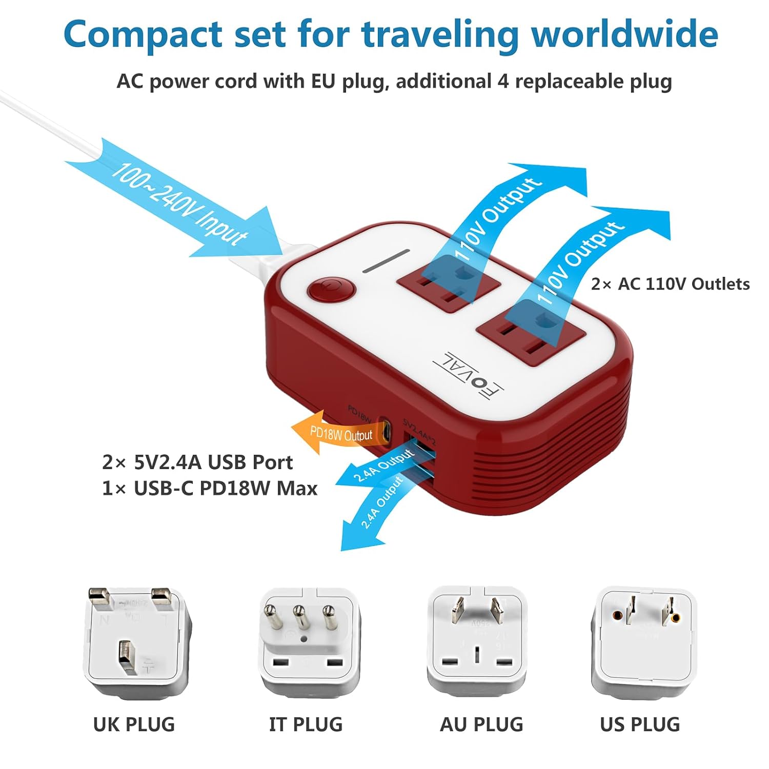 220V to 110V Converter Travel Adapter, FOVAL International Power Step Down Converter with [18W PD USB-C] 3 USB Ports 2 AC Outlets Voltage Converter US to Europe UK AU US Italy World Plug Adapter