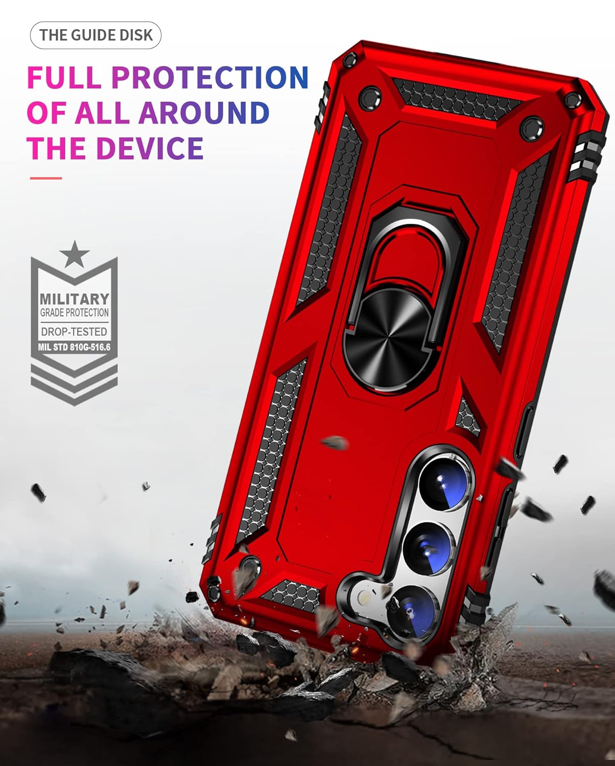 AFARER Full Body Military Grade Shockproof Phone Case Perfect for Samsung Galaxy S23 Plus 5G 6.6" with 360° Rotating Magnetic Finger Holder-Slim and Heavy Duty Phone Cover (Red)