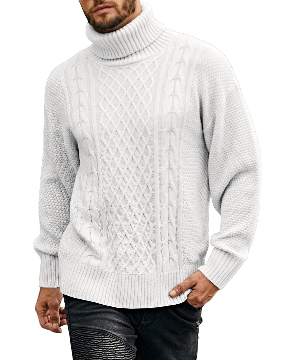Angeun Mens Turtleneck Sweater Pullover Twisted Pattern Casual Loose Fit Thick Winter Long Sleeve Cable Knit Sweaters