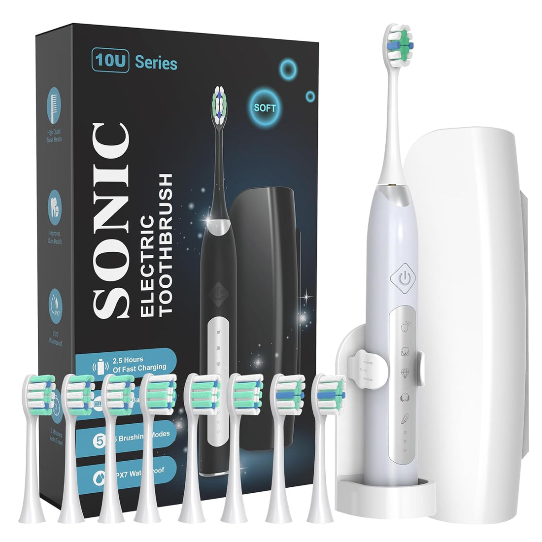 Sonic Electric Toothbrushes for Adults, 8 Brush Heads Electric Toothbrush Deep Clean 5 Modes, Rechargeable Travel Toothbrushes Fast Charge with 2 Minutes Smart Timer (Grey)