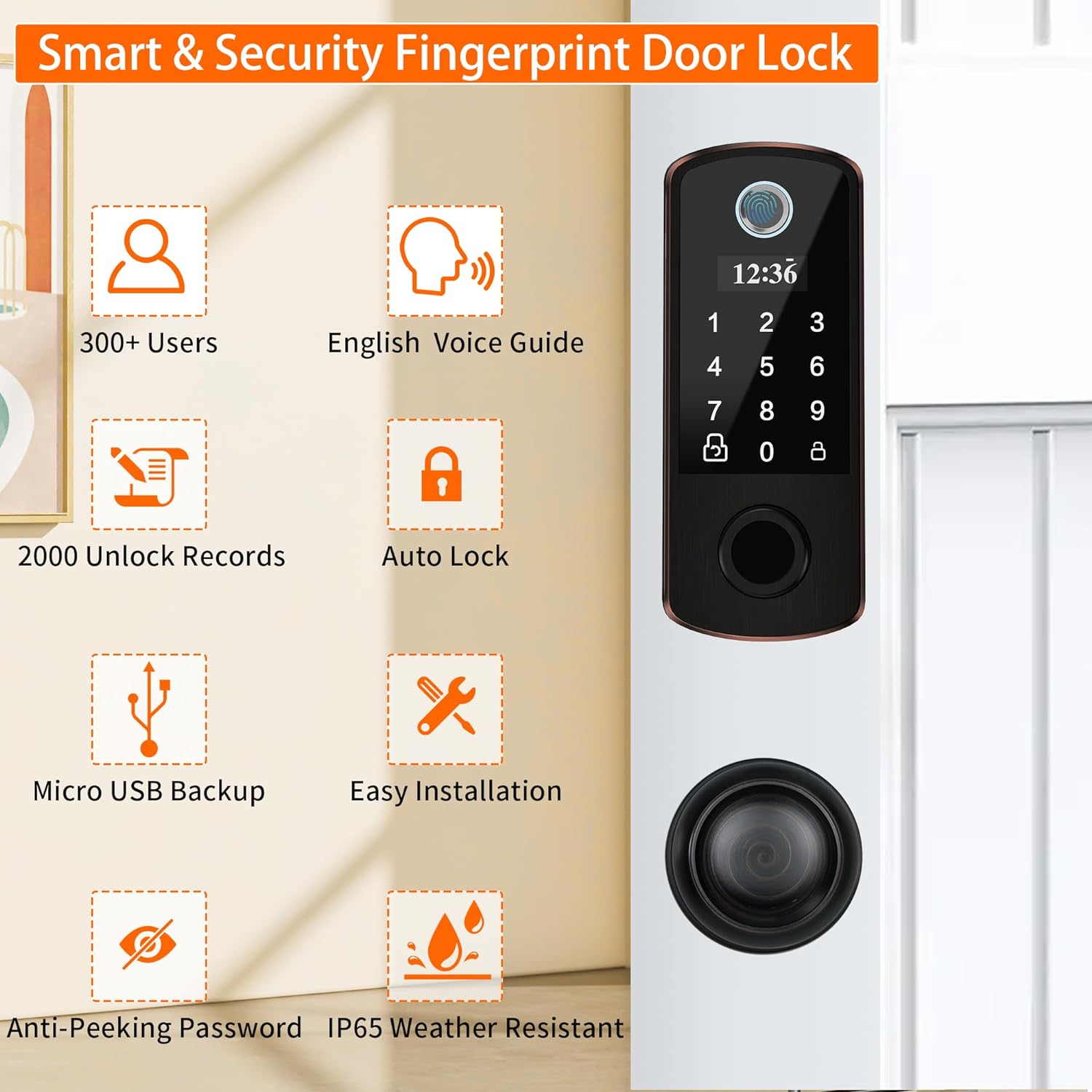 BEBASIA Fingerprint Door Lock, Keyless Entry Door Lock, Smart Door Lock, Front Door Lock Set, Door Knob with Keypad Deadbolt, Auto Lock, Waterproof, Easy Installation, Aged Bronze