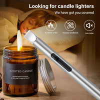 Electric Candle Lighter Long Pen Shape Windproof Pulse Arc Lighers USB Rechargeable for Candle Kitchen Fireplace Camping BBQ (Silver)