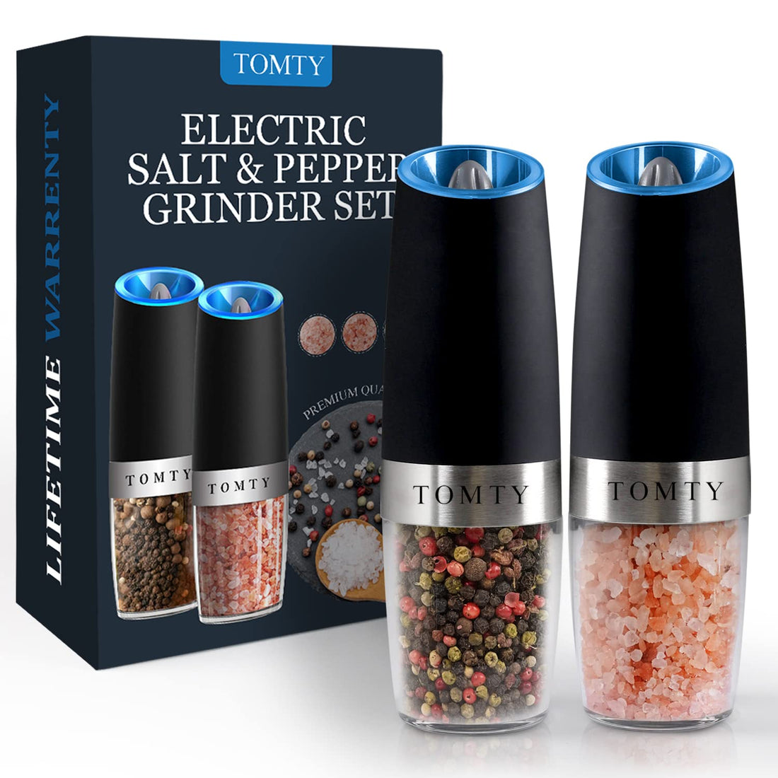 Salt and Pepper Grinders Set [2-Pack] By TOMTY- Automatic, Battery-Operated Salt & Pepper Mill Set - Adjustable Coarseness, Clear Jars, LED Light & Gravity Sensor- Easy, One Hand Use