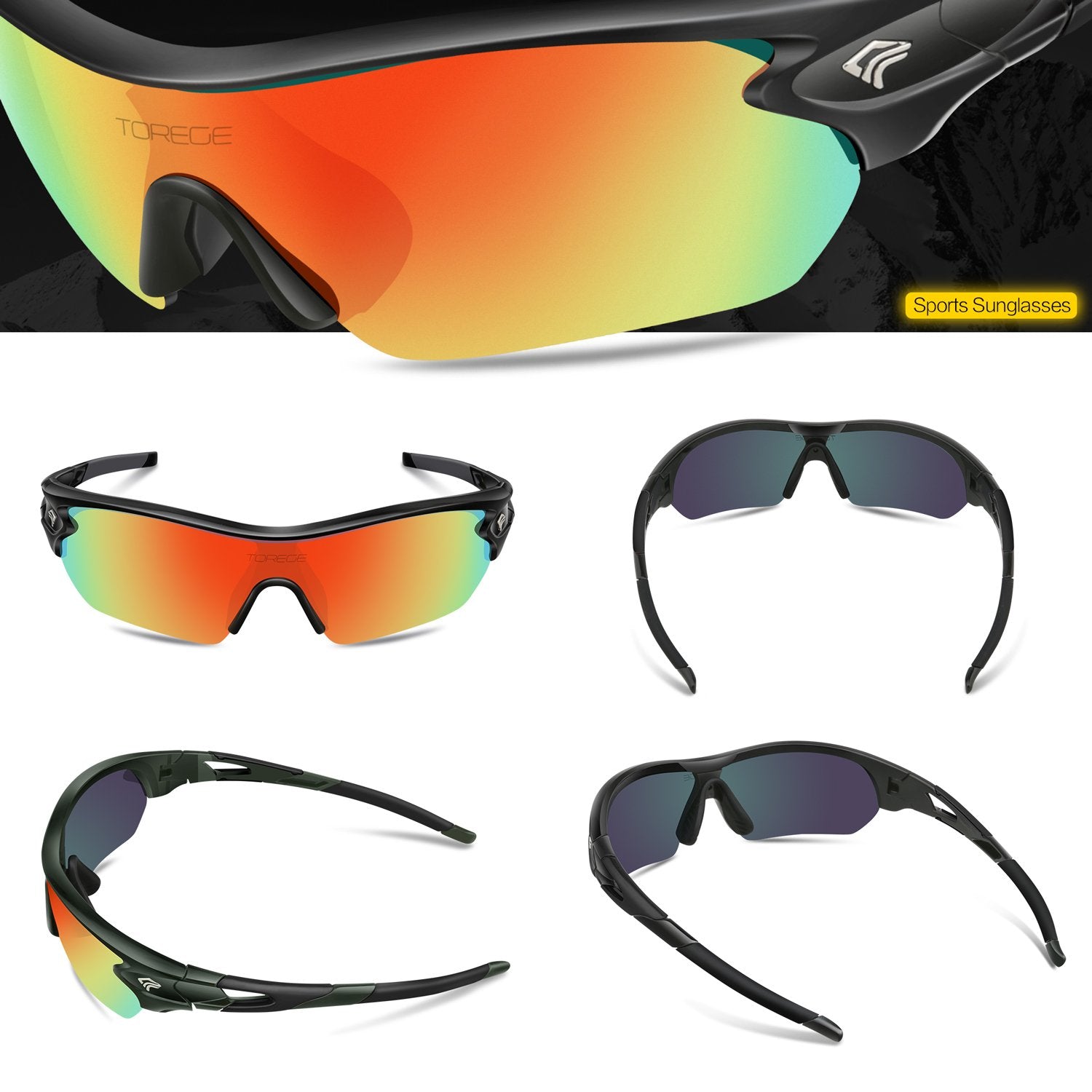 TOREGE Polarized Sports Sunglasses with 3 Interchangeable Lenes for Men Women Cycling Running Driving Fishing Golf Baseball Glasses TR002 (Black&Black Tips&Rainbow Lens)