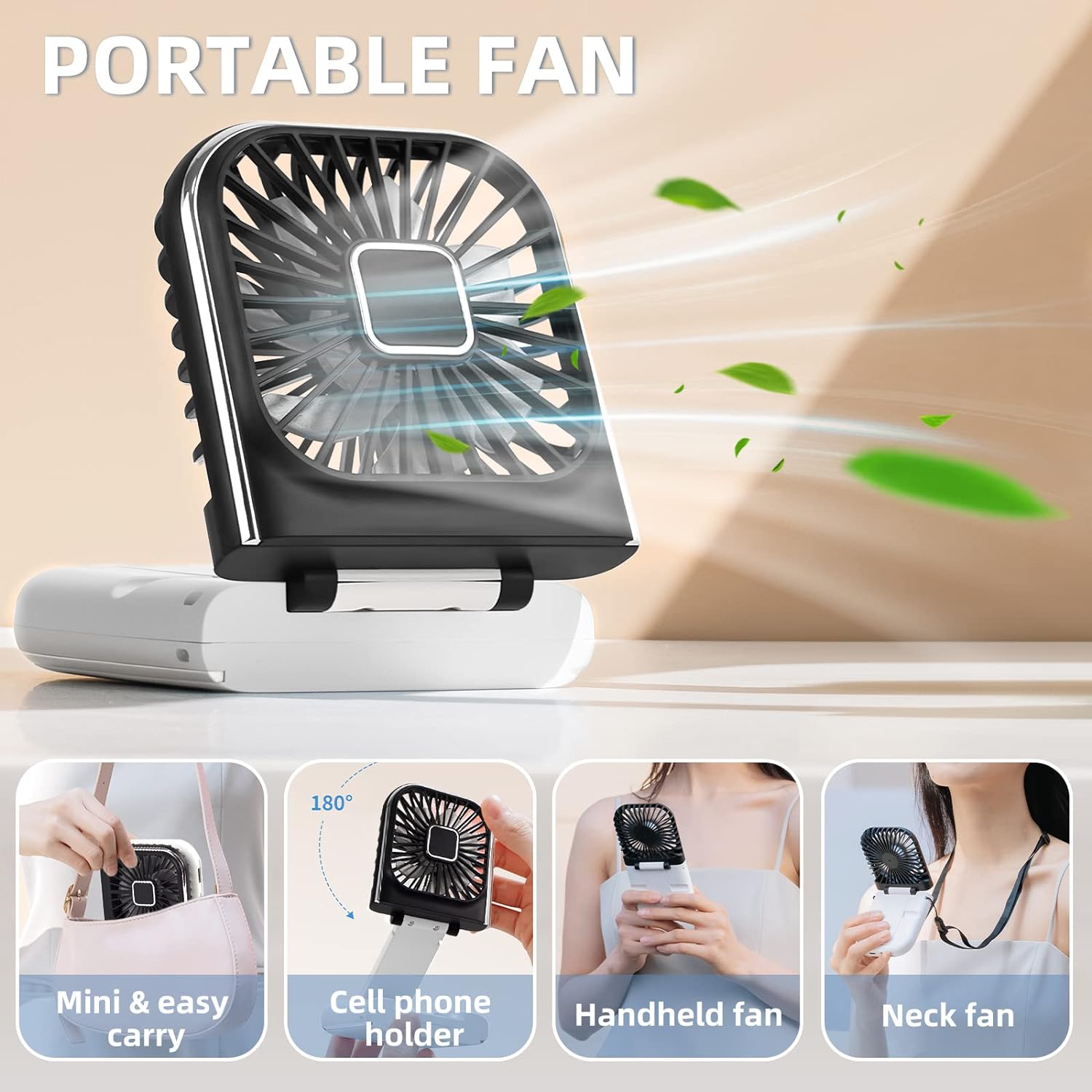FADACHY Portable Fan Rechargeable, Mini Handheld Fan,Electric Personal Fan 3000mAh Battery Operated Hand Held Fan with Lanyard,Small Fan for Desk Office Outdoor Indoor Black