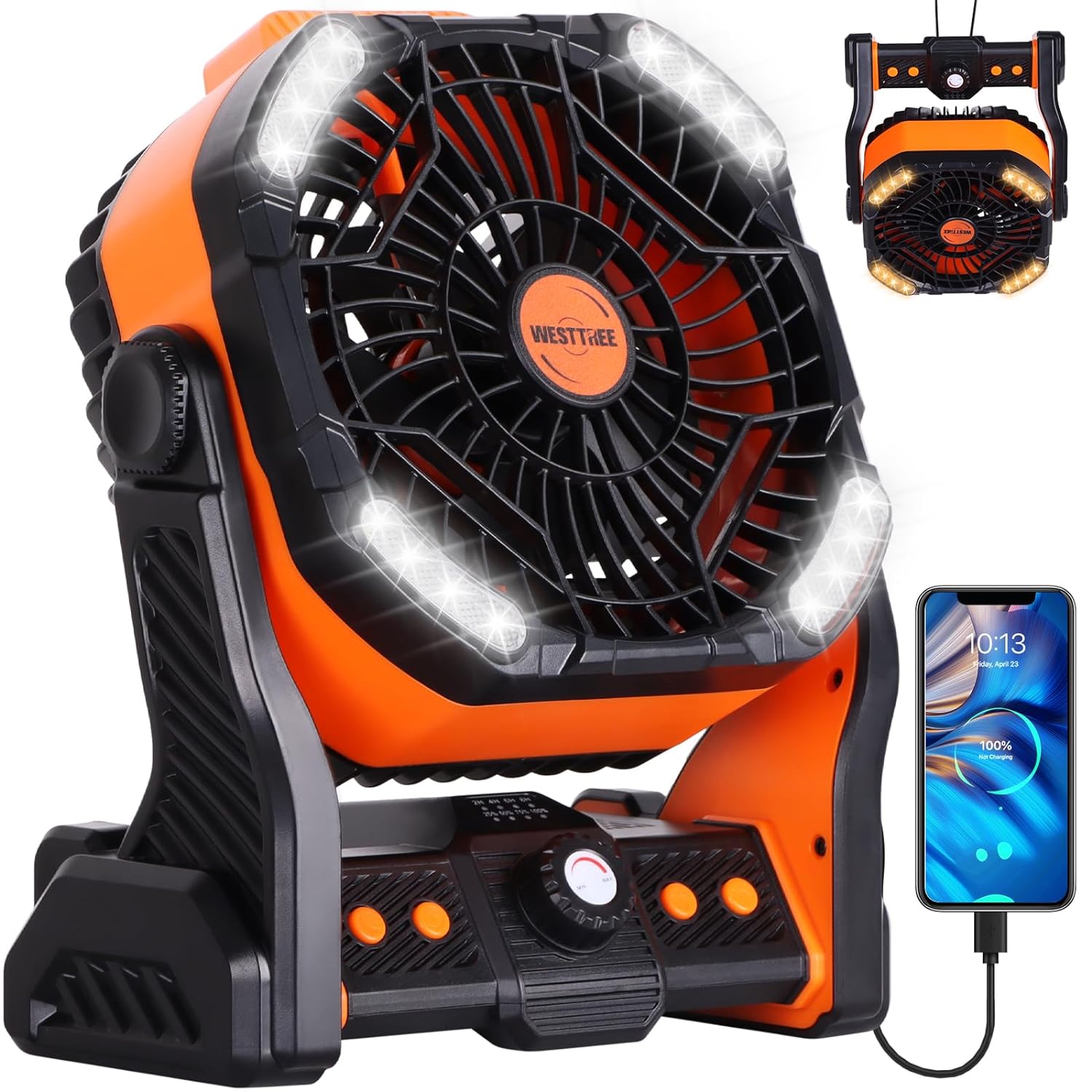 Camping Fan with LED Lantern, Rechargeable Battery Operated Outdoor Tent Fan with Light & Hook, 270° Pivot, 4 Speeds, Personal USB Desk Fan for Camping, Power Outage Jobsite Orange X26A