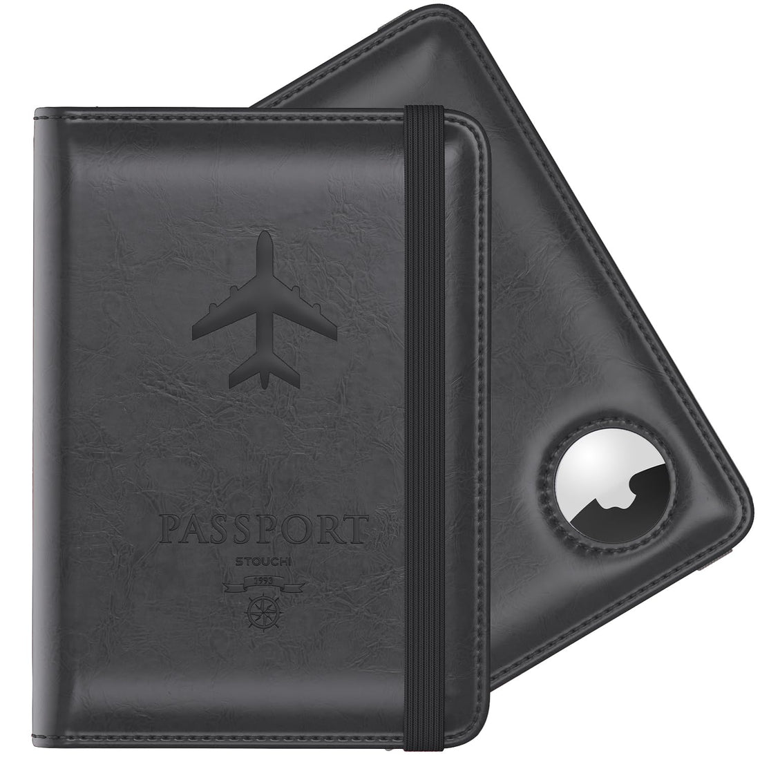 Stouchi AirTag Passport Holder, Passport Holder with Airtag Slot, Passport Wallet Cover for Men, Family Leather Passport Protector Case, Anti-Lost Travel Essentials, Grey