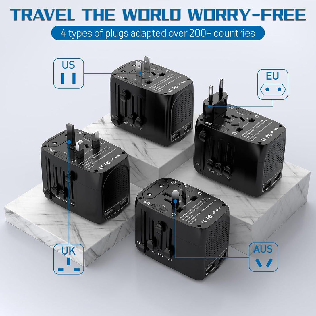 APzek 220V to 110V Converter Travel Adapter Combo with 2 USB, International Voltage Converter for Hair Dryer Phone Laptop, All-in-one Power Converter for US to UK EU AU Asia Over 200+Countries