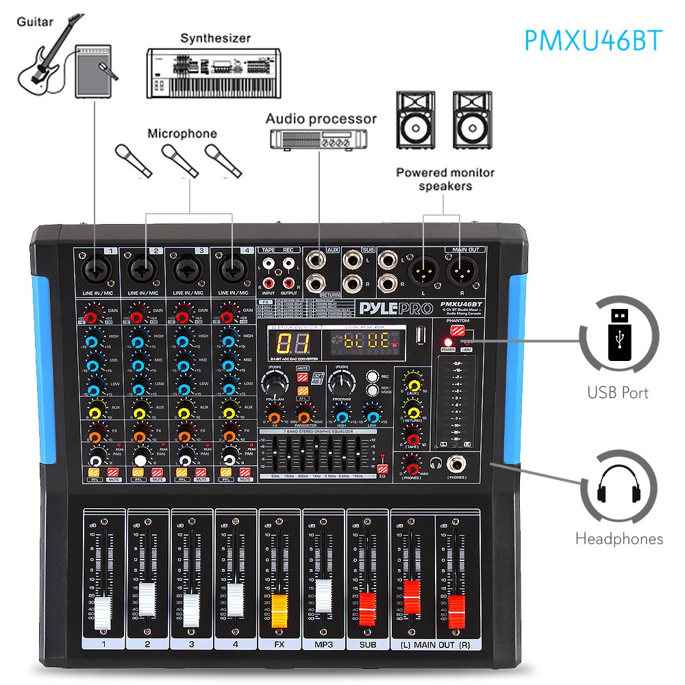 Pyle 4-Ch. Bluetooth Studio Mixer - Dj Controller Audio Mixing Console System Pmxu46Bt