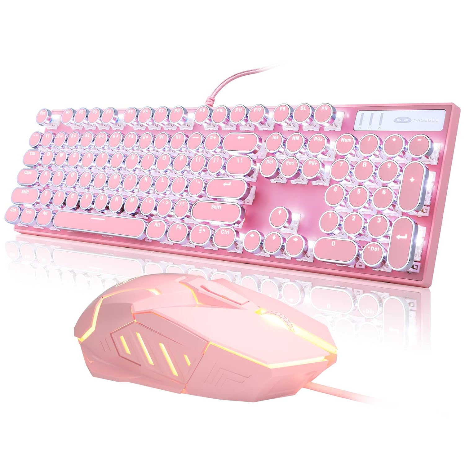 Retro Typewriter Keyboard and Mouse Combo, Cute Pink Keyboard with Linear Red Switches, Full Size Wired Mechanical Gaming Keyboard, Cool Light Up Keyboard and Mouse for Gaming,Work,Mac,PC,Windows