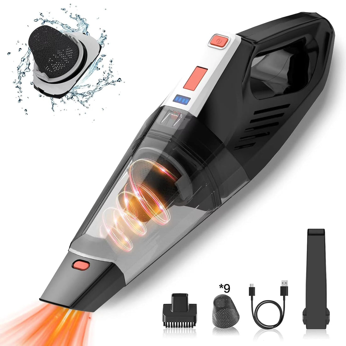 Hihhy Handheld Vacuum Cleaner,Cordless Car Hand Held Vacuum,Small Portable Rechargeable 9000pa High Power with 2 Nozzles,USB-C Cable,9 Filter for Carpet,Floor Pet Hair,Car,Home and Office