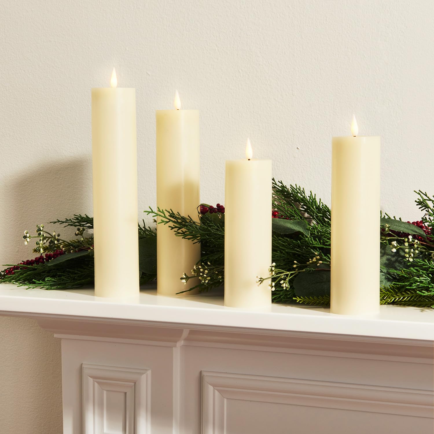 Flameless Pillar Candles, 2 Inch Diameter - 4 Pack, Remote Control and Batteries Included, Assorted Height, Flickering 3D LED Flame, Ivory Wax, Realistic Slim Pillar Candles for Valentines Day Decor