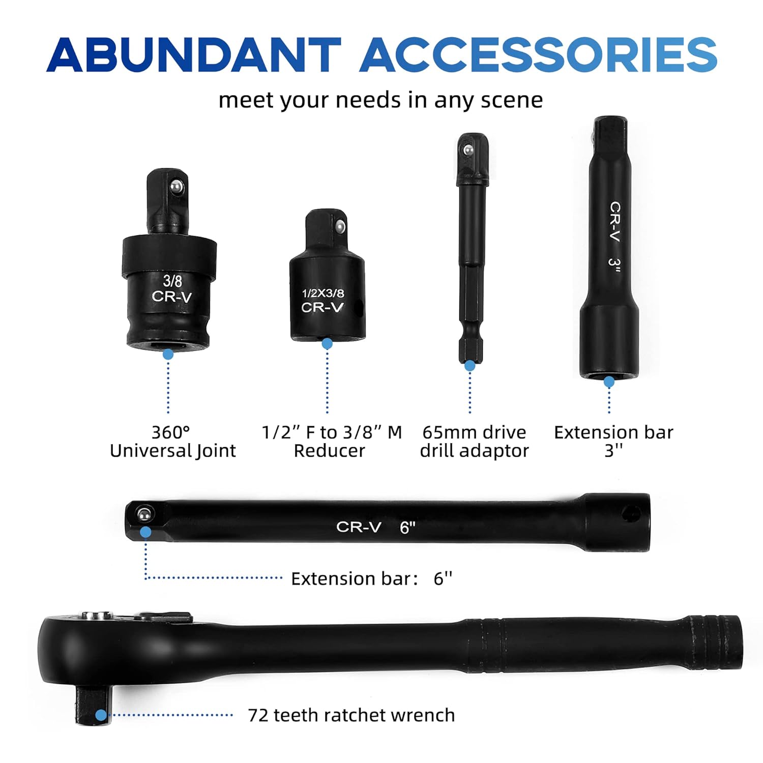 Reniteco 50-Piece 3/8" Drive Socket Set, SAE (5/16"-3/4") & Metric (8mm-22mm), Deep & Shallow, 72-Teeth Ratchet Wrench, Extension Bars, 1/2" F to 3/8" M Reducer, Universal Joint & Power Drill Adapter