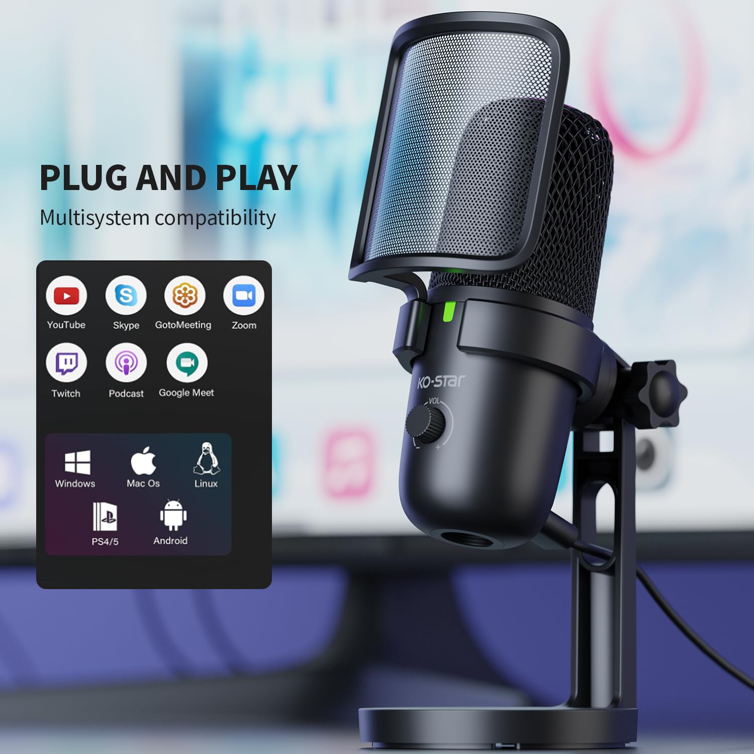 KO-STAR Gaming USB Microphone，PC Computer Mic with 2 Polar Patterns for Podcast Streaming Conference Recording YouTube, Pop Filter,Shock Mount,Gain knob & Monitoring Jack for Twitch, Discord, PS5/PS4