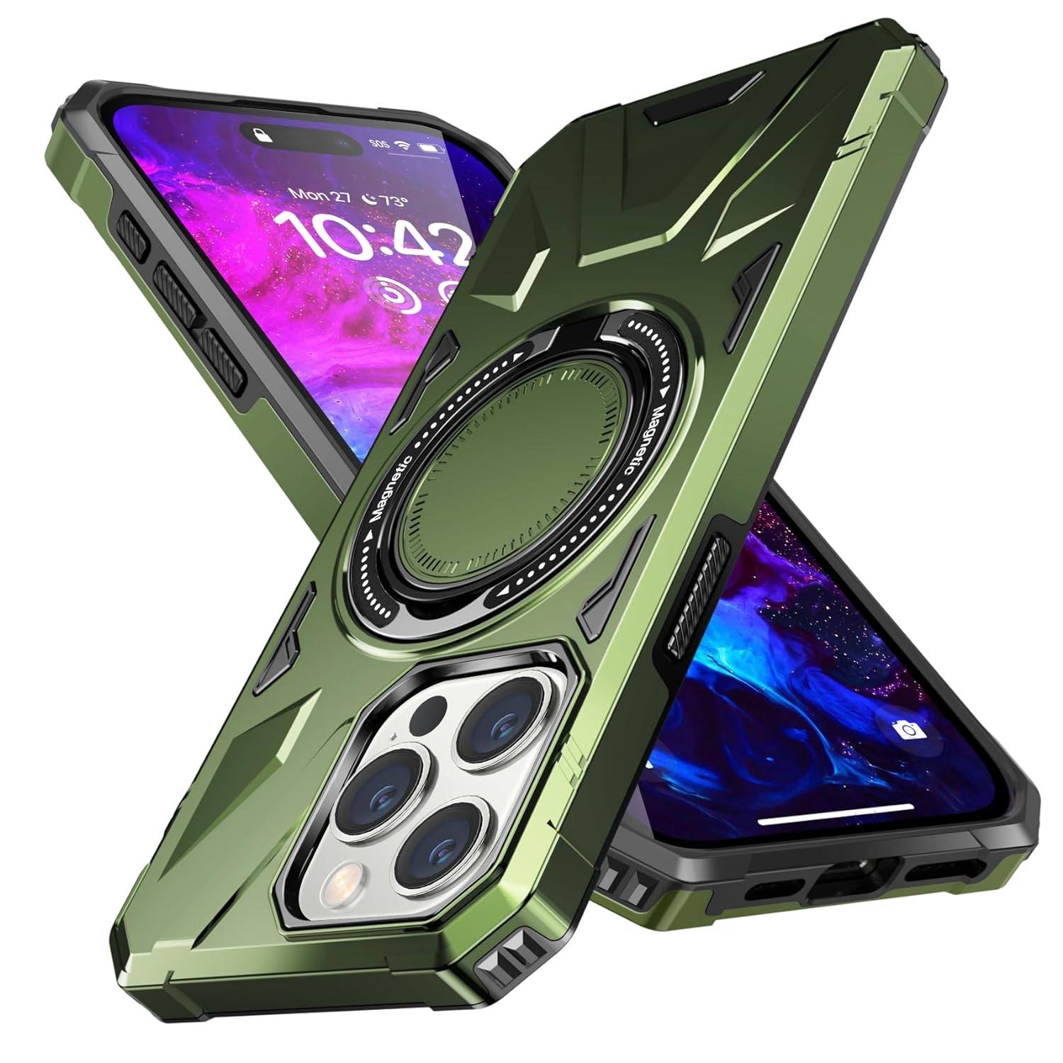 JUNAUTTB for iPhone 15 Pro Max Case with Magnetic Stand,Compatible with MagSafe,with Ring Holder,Lens Protecto,Full Body Rugged Bumper Shockproof Protection Phone Case,6.7inch Green JUS08-12