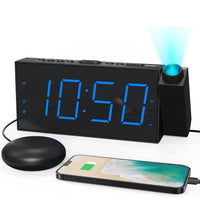 Mesqool Projection Clock with Bed Shaker Alarm, Loud Alarm Sound & Vibrating Projector Clock for Heavy Sleepers, 7" LED Display & Dimmer,12/24H, DST, USB Charger, Battery Backup for Bedrooms, Ceiling
