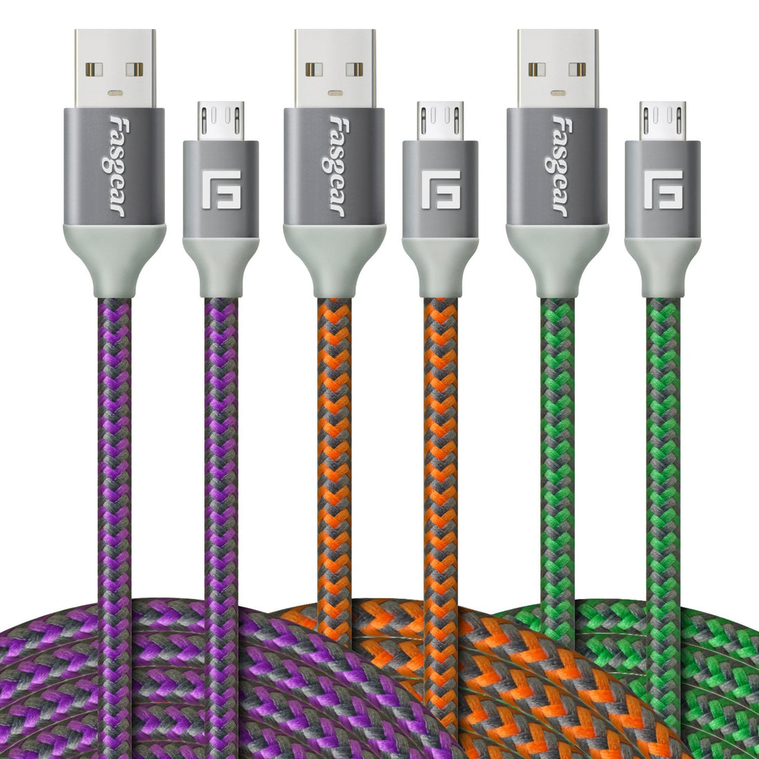 Micro USB Cable, 3 pcs (10ft/3M) Fasgear Nylon Braided Tangle-Free Fastest charger data colorful cable with Metal Connectors for Android, Samsung galaxy S7/S7 edge and more (Purple,Orange,Green)