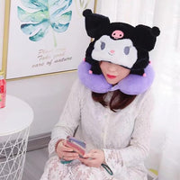 Kawaii Cartoon Travel Neck Pillows with Hoodie Ultra Soft Travel Lightweight Travelling Pillow Set for Sleeping, Airplanes,Home & Office