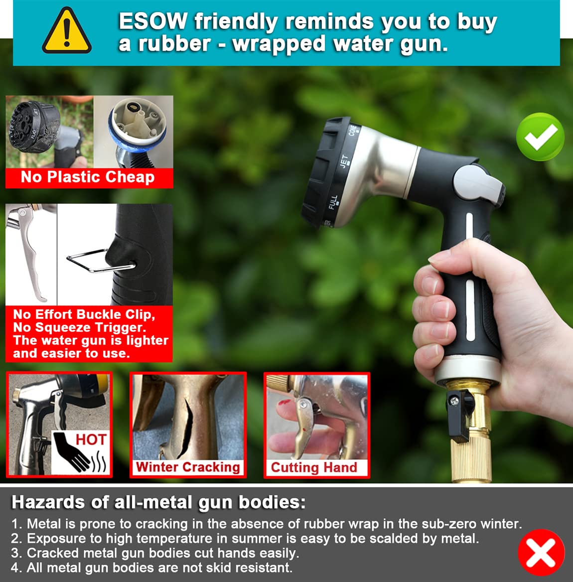 ESOW Garden Hose Nozzle Sprayer, 100% Heavy Duty Metal Water Hose Nozzle with 8 Different Spray Patterns, High Pressure Hand Sprayer for Watering Plant & Lawn, Washing Car & Pet