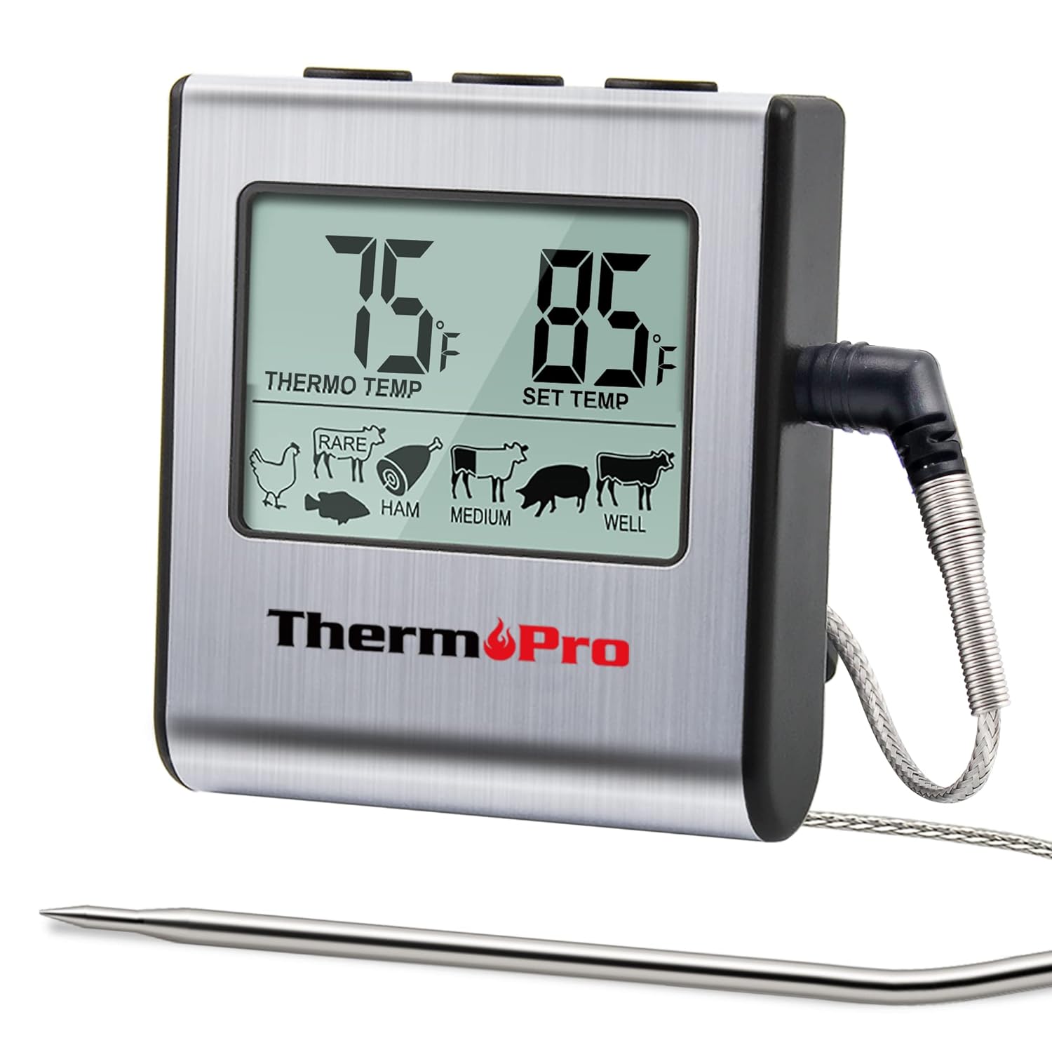 ThermoPro TP-16 Large LCD Digital Cooking Kitchen Thermometer for Food, BBQ, Grill, Meat, Oven, Smoker with Stainless Steel Step-Down Probe and Built in Clock Timer