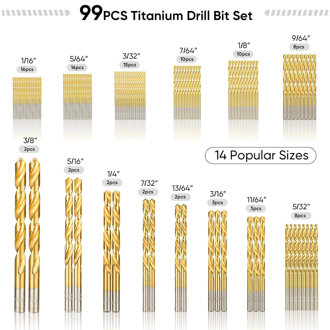 TICONN 99PCS Titanium Coated Drill Bit Set, 135 Degree Tip HSS Drill Bits Kit with Storage Case for Steel, Aluminum, Copper, Soft Alloy Steel, Wood, Plastic Size from 1/16" to 3/8"