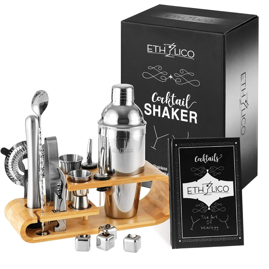 ETHYLICO Cocktail Shaker Kit | Barware Tool Set | Professional 15 piece Bartender Kit with Natural Bamboo Stand - 55 Cocktail Recipe Book Included - Silver