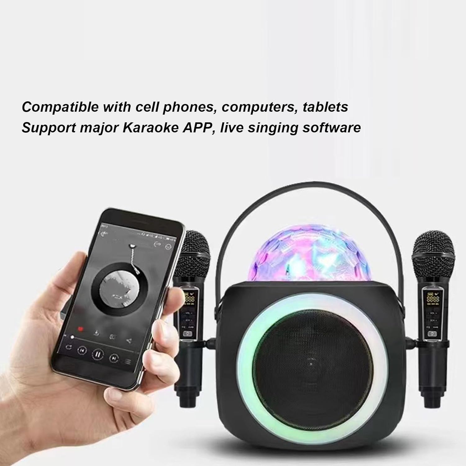 Sanpyl Bluetooth Karaoke Machine with 2 UHF Microphones, Portable Wireless Bluetooth Speaker Microphone Set with LED Light, Compatible with USB, Memory Card, AUX Input