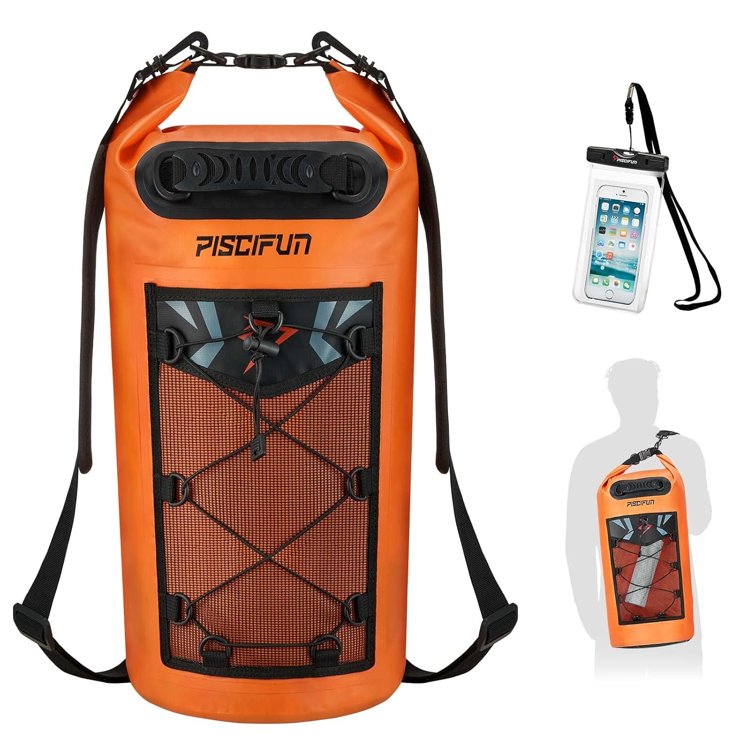 Piscifun Waterproof Dry Bag Backpack 40L Floating Dry Backpack with Waterproof Phone Case for Water Sports - Fishing Boating Kayaking Surfing Rafting Camping Gifts for Men and Women Orange